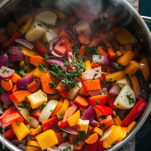 Overhead shot of a colorful vegetable medley in a cooking pot, ready for a healthy meal