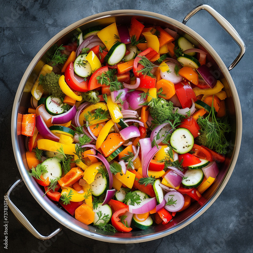 Overhead shot of a colorful vegetable medley in a cooking pot, ready for a healthy meal