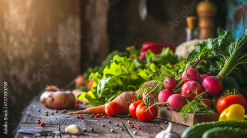 Rustic wooden table with a spread of organic vegetables, earthy and natural tones, farm-fresh produce