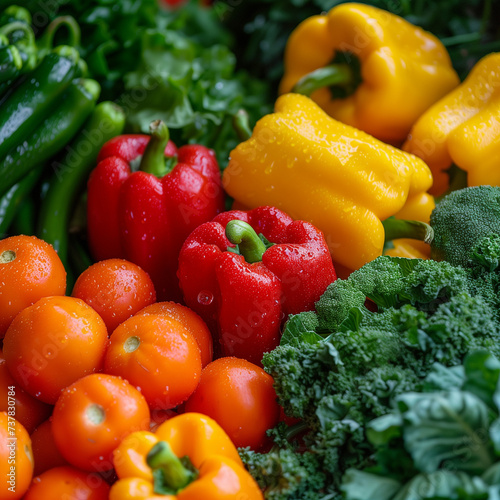Fresh and colorful vegetable assortment, neatly arranged, vibrant colors of bell peppers, carrots, tomatoes, and leafy greens, with droplets of water