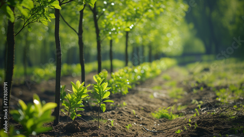 Row of young saplings, fresh green leaves, a clear and sunny spring day, a path meandering through the trees, conveying growth, and the promise of new beginnings
