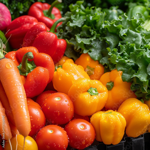Fresh and colorful vegetable assortment, neatly arranged, vibrant colors of bell peppers, carrots, tomatoes, and leafy greens, with droplets of water