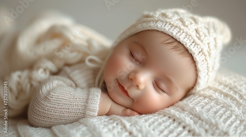 Peaceful Newborn Baby Sleeping Soundly in Soft Blanket.