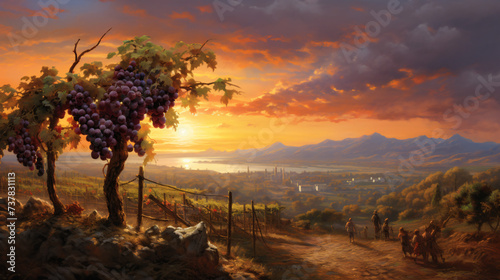 A painting of a vineyard with a sunset.