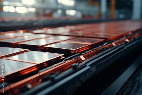Ev battery cell assembly line. close-up view of mass production for sustainable electric vehicles