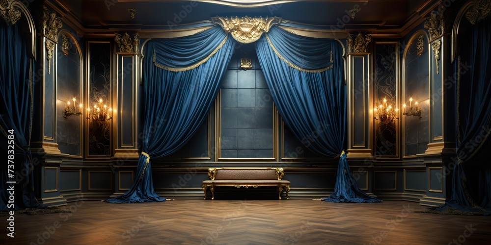 blue with golden curtain stage with frames - obrazy, fototapety, plakaty 