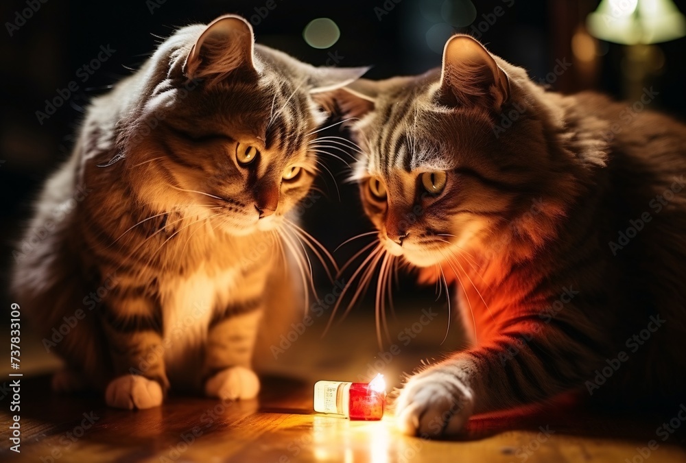 two cats looking at a lighter
