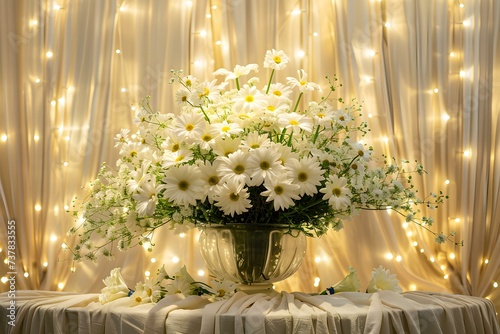 A vase of elegant white flowers on a clothcovered table illuminated by golden lights with a vibrant bouquet of daisies in the background. Concept Golden Glow, Floral Elegance, Tabletop Beauty photo