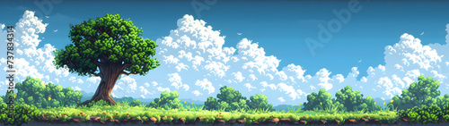 tree in meadow on blue sky in pixel art style  background with a ratio size of 32 9