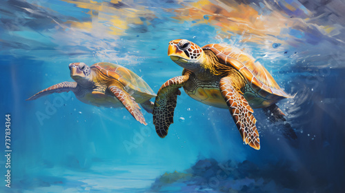 A painting of two sea turtles swimming in the ocean.