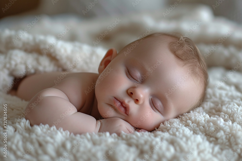 Adorable Caucasian newborn baby fall asleep so comfortable in bed. Newborn baby take a nap and rest alone.