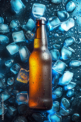 Cold Beer Bottle Surrounded by Ice Cubes