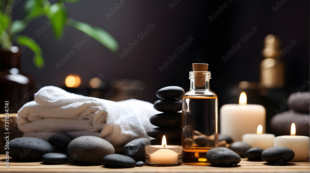 Soothing Spa Interior with towels, black pebbles, and massage oil Soothing Spa Interior with towels, black pebbles, and massage oil