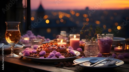 A serene image featuring  brightly in a pastel lavender sky  with twinkling stars  In the foreground  a beautifull  the side for Ramadan greetings