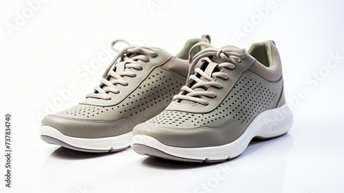 A pair of grey shoes on white background.