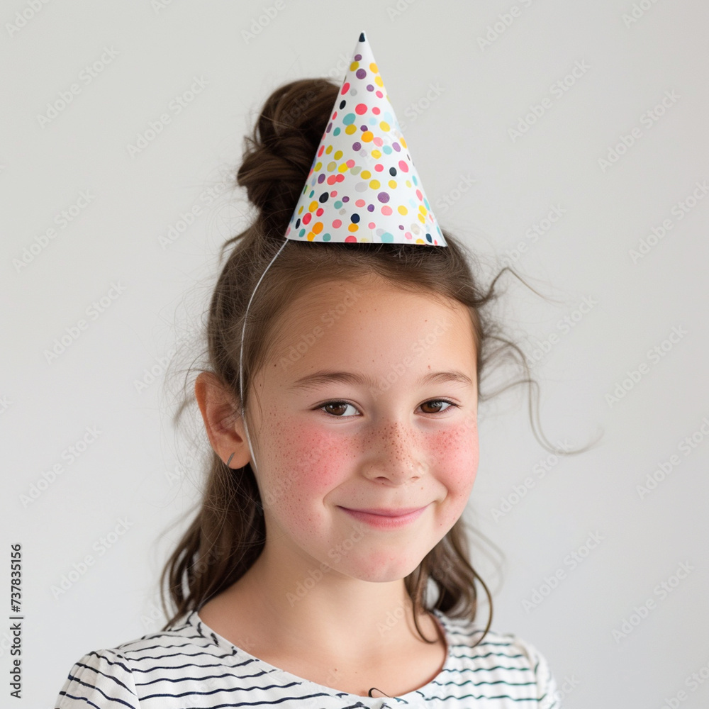 Smiling girl wearing a party hat on a white background Smiling girl wearing a party hat on a white background