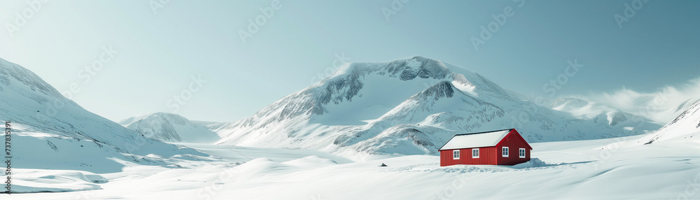 Modern Remote Cabin, Scenic Mountain Valley, Winter Resort. Connection to nature, mindfulness, blissful solitude. Sustainability, Wellness, Adventure. Dream Vacation, Eco Travel.  Alps, Snow, Daytime