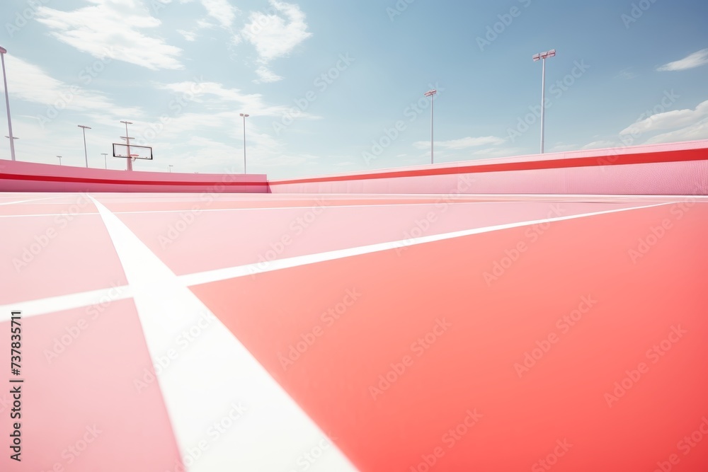 A vibrant top view of a colorful sports court - red rubber ground with crisp white lines outdoors