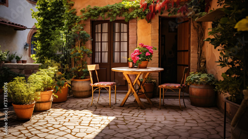 A patio with a table and chairs and a potted.