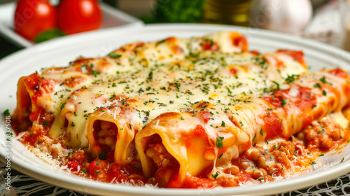 Portion of cannelloni with meat, tomato sauce and cheese on a white plate, close up. Italian cuisine concept. Restaurant menu, recipe. Meat cannelloni with sauce bechamel.