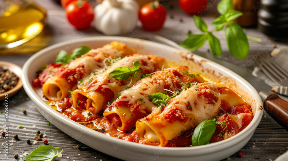 Mouthwatering Cannelloni pasta stuffed with meat, tomatoes and baked in Bolognese sauce with cheese on white plate. Side view, close up. Traditional Italian cuisine. Restaurant menu, recipe. Mouthwatering Cannelloni pasta stuffed with meat, tomatoes and baked in Bolognese sauce with cheese on white plate. Side view, close up. Traditional Italian cuisine. Restaurant menu, recipe.