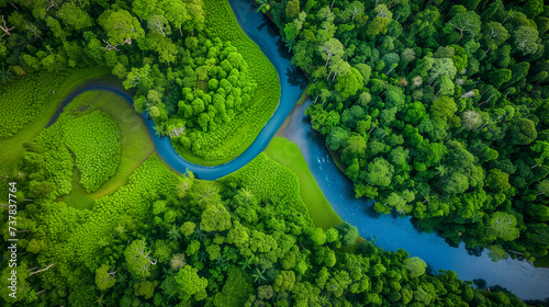 Aerial View of Beautiful Nature Reserve, Scenic Landscape, Outdoor Adventure. Sustainability, Ecology, Connection to Nature. Modern Travel. Wellness, Mindfulness. Clean Air, Wildlife, Biodiversity.  © Mariko