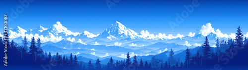 panoramic landscape of blue mountains in winter in pixel art style, parallax background photo