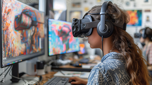 Students use VR technology to create three-dimensional art in an interactive digital studio environment.