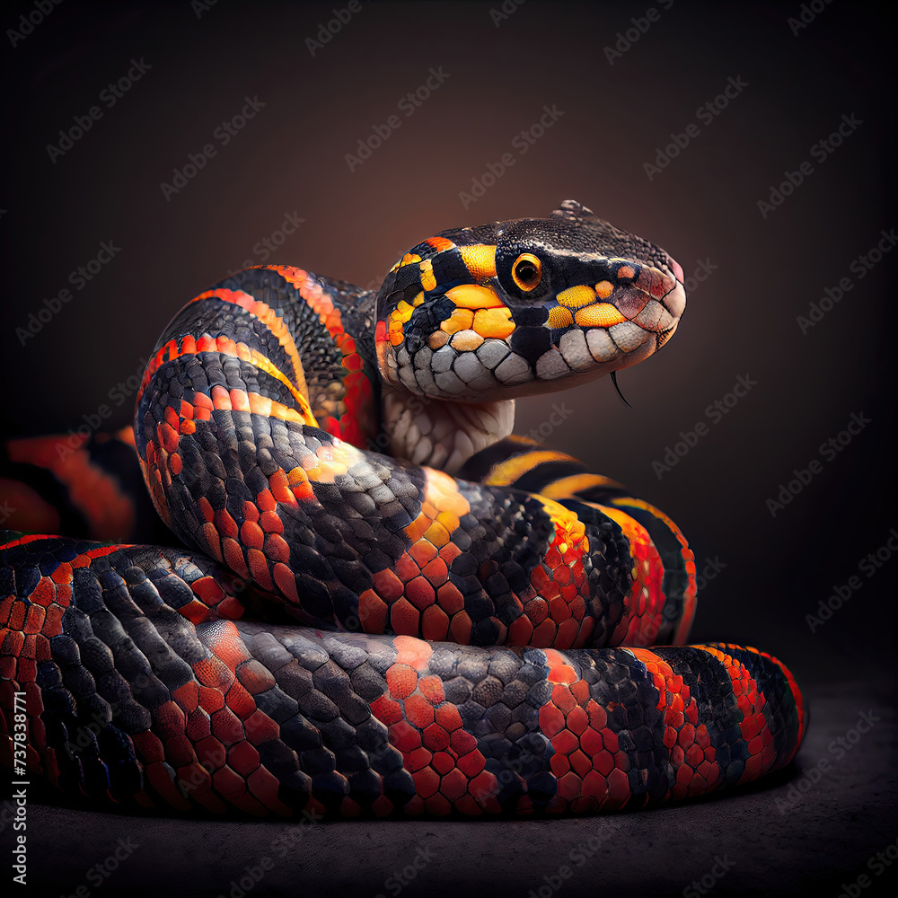 Fototapeta premium Vibrant Coral Snake Portrait in a Professional Photography Studio