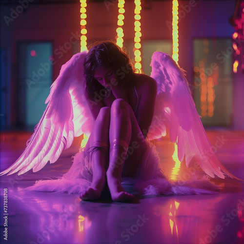 woman with angel wings on stage