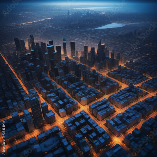 Futuristic modern city skyline with urban skyscrapers. Illustration Inductrial big city Aerial view photo