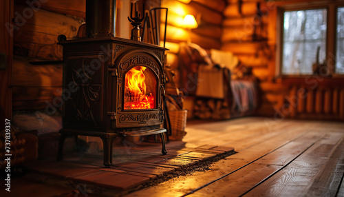A freestanding cast iron stove with a spiral smoke pipe sits in a cozy wooden cabin - offering an alternative to traditional fireplaces - wide format photo