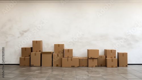 A row of cardboard boxes against a white wall. © Natia