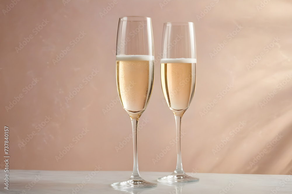Two champagne glasses awaiting a celebratory toast, crystal clarity, simplistic elegance, on a soft-focused, single-color background, hues of gentle pastels. Generative AI Two champagne glasses awaiting a celebratory toast, crystal clarity, simplistic elegance, on a soft-focused, single-color background, hues of gentle pastels. Generative AI
