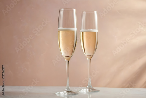 Two champagne glasses awaiting a celebratory toast, crystal clarity, simplistic elegance, on a soft-focused, single-color background, hues of gentle pastels. Generative AI