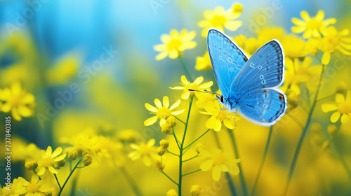 A small blue butterfly on a background of yellow. © Natia