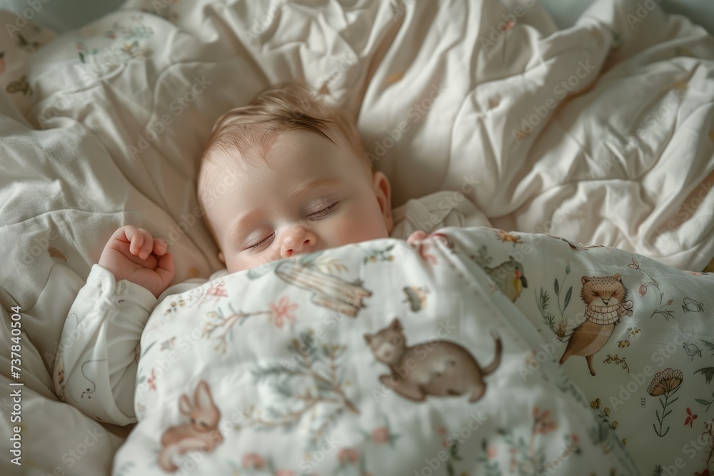 Sweet caucasian baby sleep in cosy bed. Soft morning light. Babyhood bed linen with rustic natural elements. Calm dreams and healthy sleeping for child soothing nursery atmosphere. Fairytale sleep Sweet caucasian baby sleep in cosy bed. Soft morning light. Babyhood bed linen with rustic natural elements. Calm dreams and healthy sleeping for child soothing nursery atmosphere. Fairytale sleep