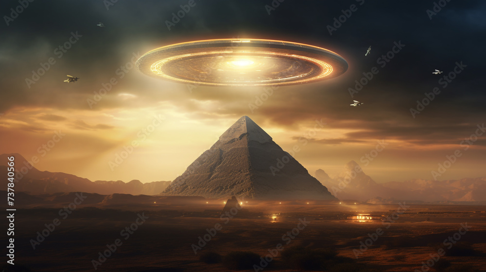 ufo aircraft  try to land by the  great pyramid .ufo conspiracy theories - obrazy, fototapety, plakaty 