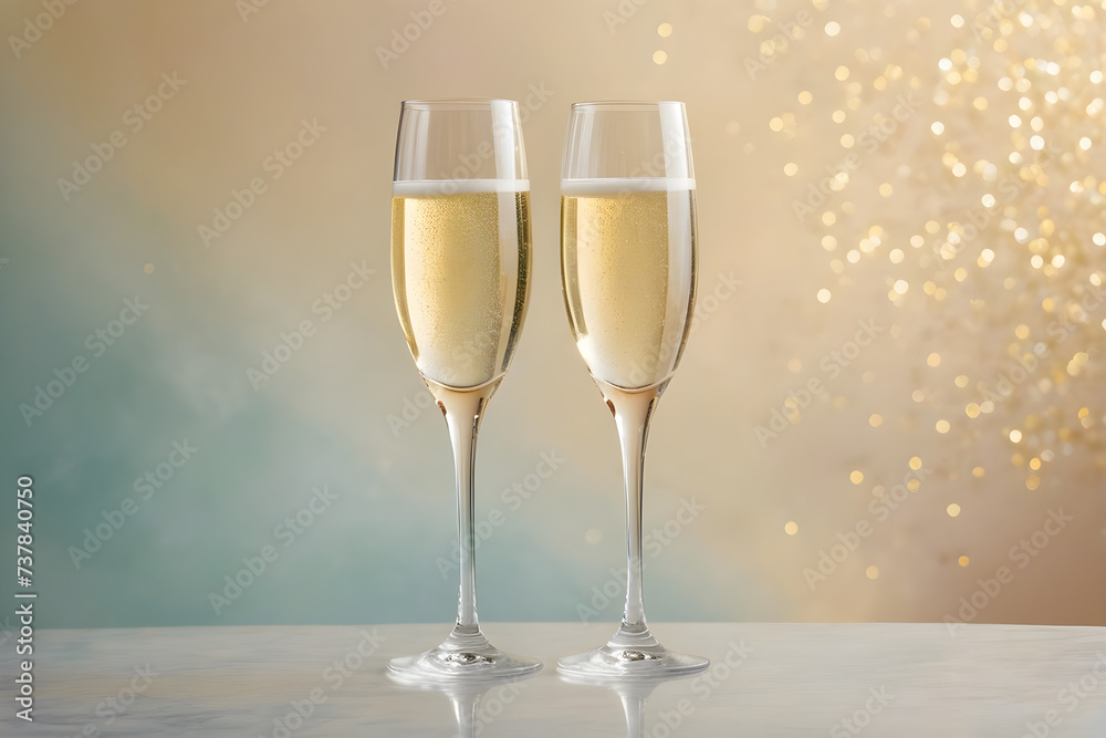 Two champagne glasses awaiting a celebratory toast, crystal clarity, simplistic elegance, on a soft-focused, single-color background, hues of gentle pastels. Generative AI