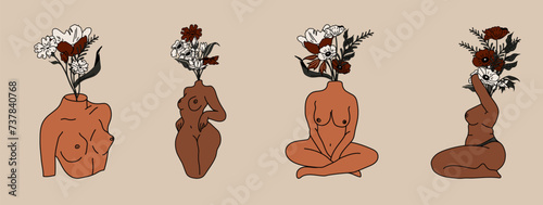 Set of Naked women body with flowers and leaves. Vector fashion illustration.Body Positive	