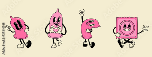 Set of Retro condom mascot character -. 40s, 50s, 60s old animation style. Safe sex,birth control and contraception concept	