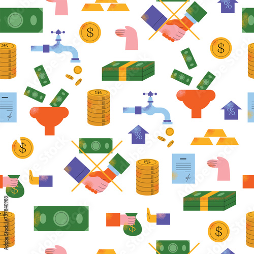Finance seamless pattern. Containing loan, cash, saving, financial goal, profit, tax, budget, mutual fund, corruption collection. Vector modern illustration isolated on white background