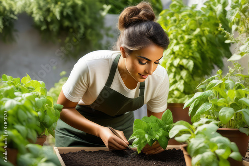 Young woman working with plants in the garden. The concept of gardening and horticulture, planting plants.