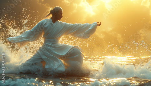 Portrait of asian young man practicing tai chi chuan standing in the waves outdoor, at sunset on gold blurred light. Qigong photo