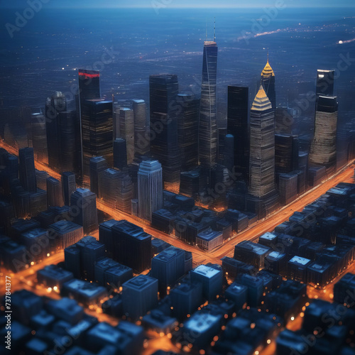 Futuristic modern city skyline with urban skyscrapers. Illustration Inductrial big city Aerial view photo