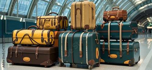 A collection of luggage piled up at a transport station, evoking the spirit of journey and adventure