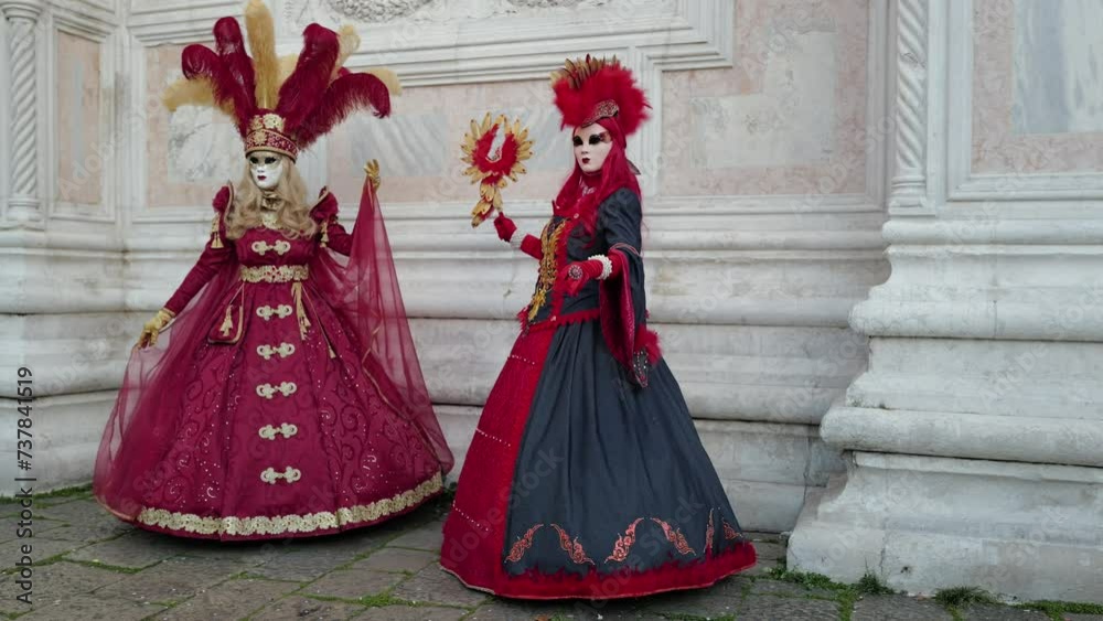Venice, Italy - February 13, 2024 - carnival masks are photographed with tourists in San Marco square Venice, Italy - February 13, 2024 - carnival masks are photographed with tourists in San Marco square