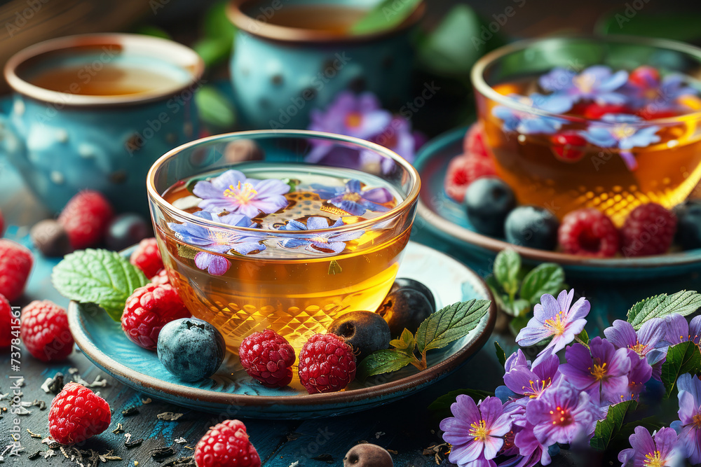 Aromatic herbal tea in transparent glass cups, adorned with edible flowers and surrounded by assorted fresh berries.