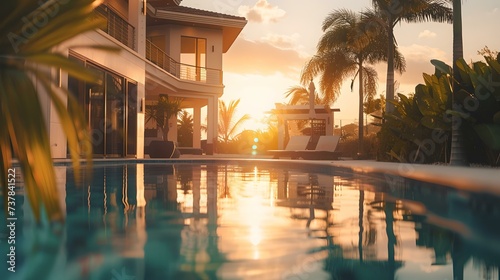 Luxurious villa by the poolside at sunset, enjoying summer in a serene getaway. ideal holiday home concept. serenity and relaxation in a tropical paradise. AI © Irina Ukrainets