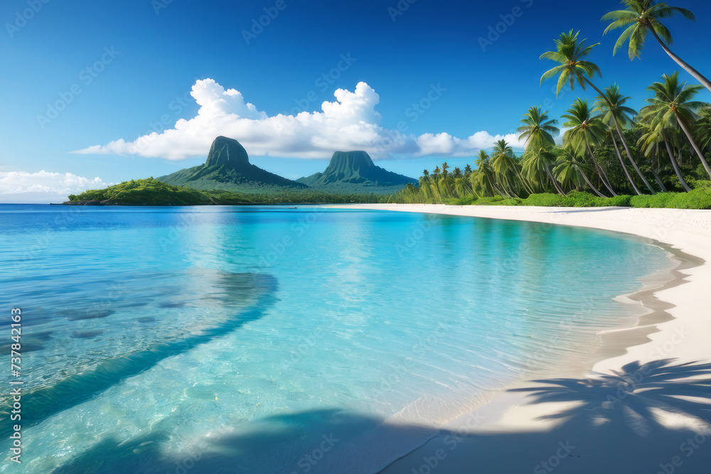 Naklejka premium Serene beach view with palm trees and distant island. The concept of recreation and tourism.